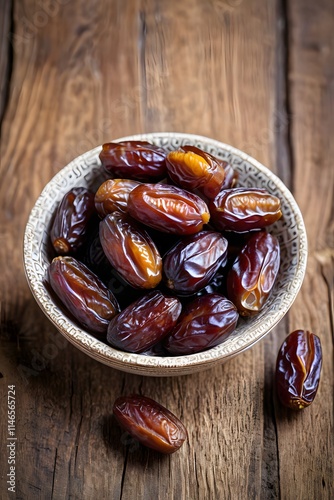 A tiny bowl of dates on a wooden table old photo