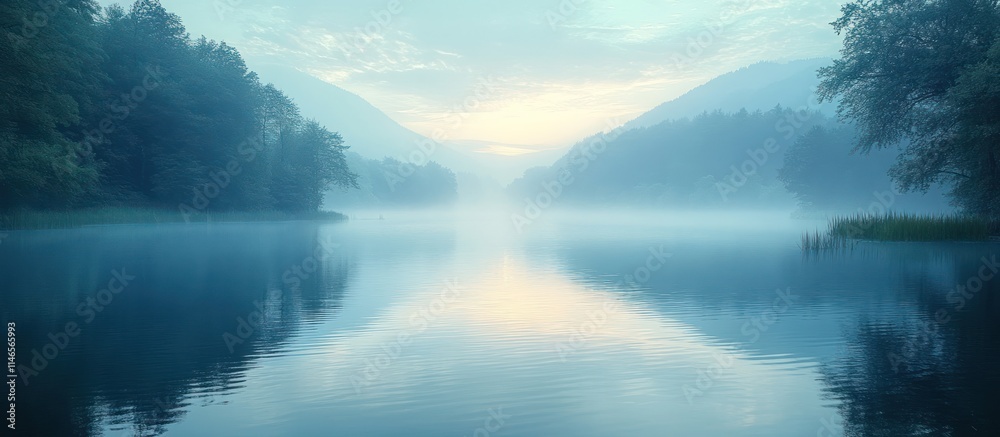 Serene sunrise over a misty lake nestled in mountains, reflecting the tranquil sky. Serene sunrise over a misty lake nestled in mountains, reflecting the tranquil sky.