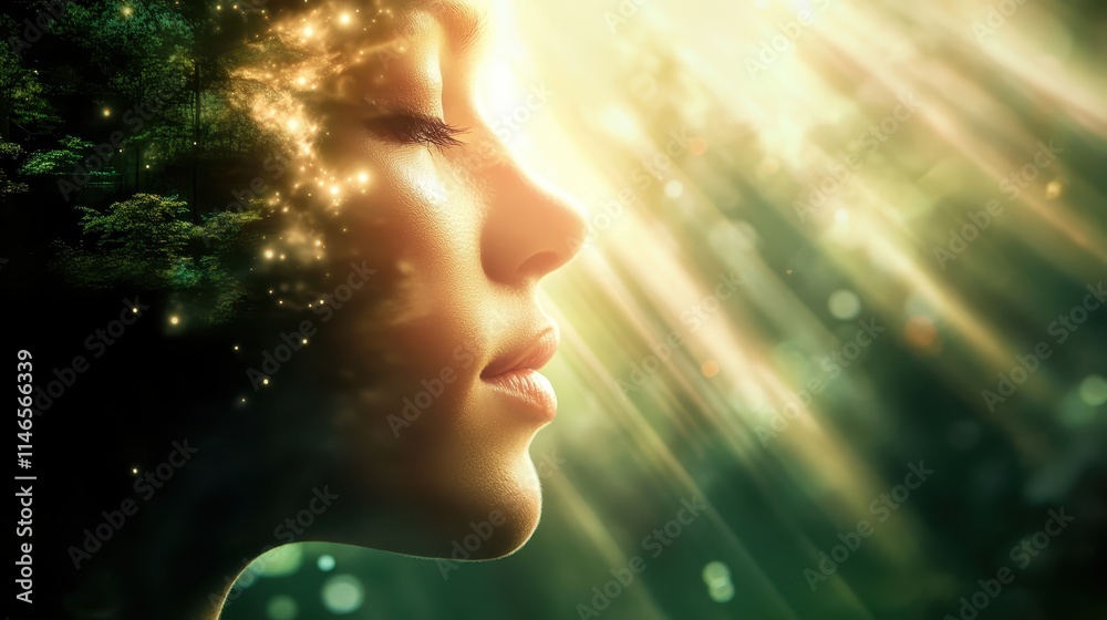 A serene profile of a woman surrounded by soft light, evoking a sense of tranquility and connection with nature. A serene profile of a woman surrounded by soft light, evoking a sense of tranquility and connection with nature.