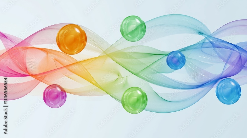 Rainbow translucent waves with colorful spheres. Rainbow translucent waves with colorful spheres.