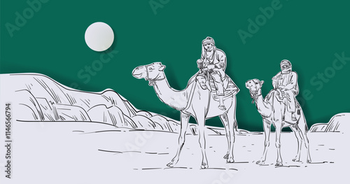 Sketch hand drawing silhouttes camel caravan on desert background on papercut style. Design for islamic eid adha and ramadan karem banner, card and poster.