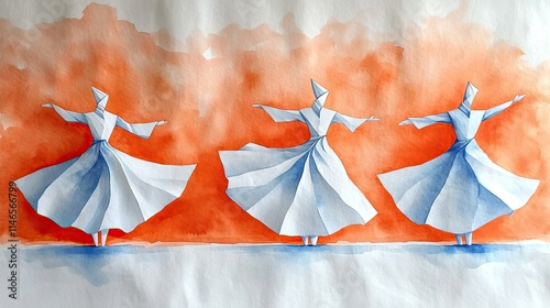 Whirling dervishes performing sufi dance watercolor painting