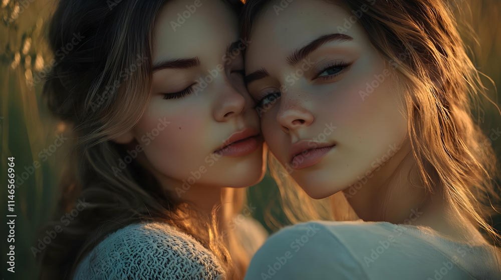 Obraz premium Golden Hour Sisters: An Illustration