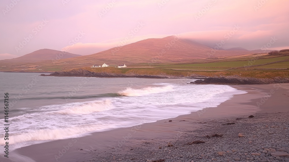 Fototapeta premium Serene Coastal Landscape at Dusk with Gentle Waves and Majestic Mountains in the Background Capturing the Beauty of Nature and Tranquility