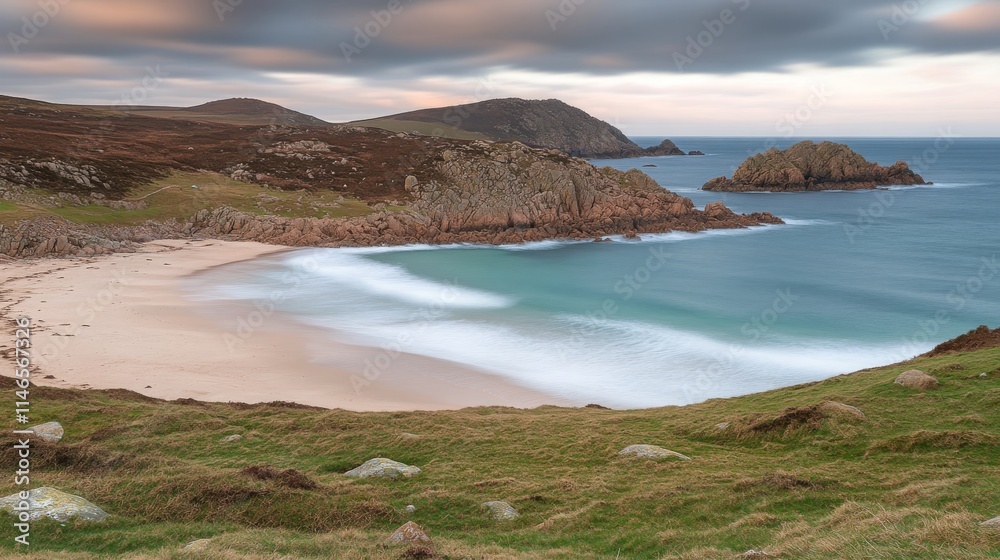 Serene Coastal Landscape Featuring Calm Waters and Rolling Hills Under a Dramatic Sky at Dusk on a Tranquil Beach Scene Serene Coastal Landscape Featuring Calm Waters and Rolling Hills Under a Dramatic Sky at Dusk on a Tranquil Beach Scene
