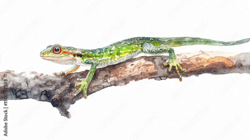 Fototapeta premium Watercolor Painting of a Green Lizard on a Branch