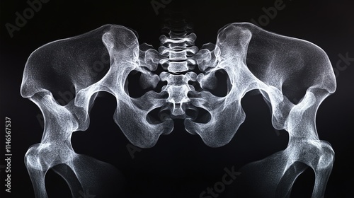 X-ray image of human pelvis, showing hip bones, sacrum, and coccyx.
