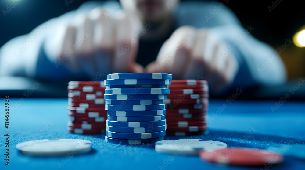 Close-up of colorful poker chips stacked on a green table in a casino environment. Close-up of colorful poker chips stacked on a green table in a casino environment.