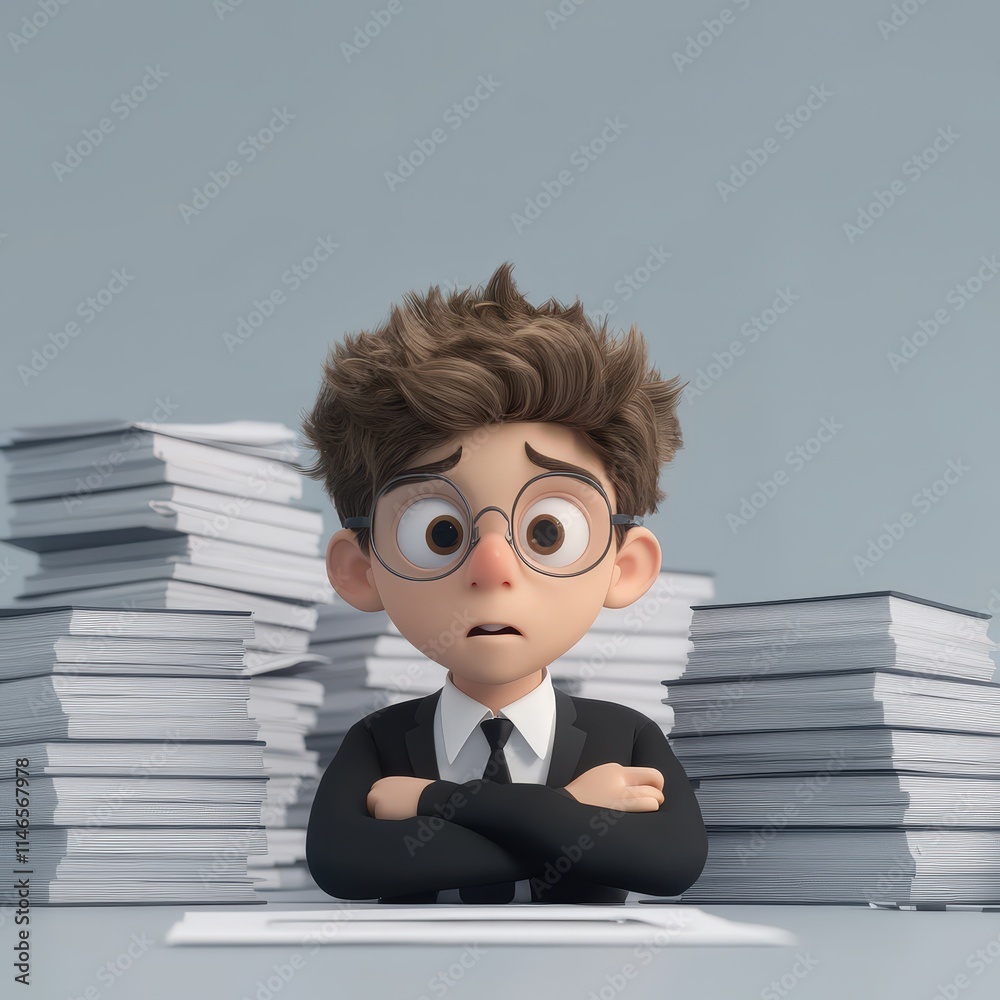 A nervous young man in a suit sits at a desk surrounded by stacks of paperwork, conveying a sense of overwhelm and anxiety. A nervous young man in a suit sits at a desk surrounded by stacks of paperwork, conveying a sense of overwhelm and anxiety.