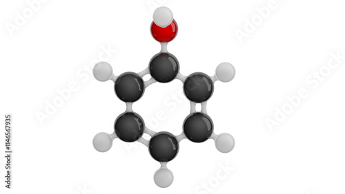 Molecule of carbolic acid. Molecular formula: C6H6O. Chemical model: Ball and Stick. Isolated. Transparent background. PNG transparent. 3D illustration