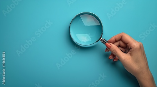 Banner with Biology and Business Concepts in Close-Up of a Woman with a Magnifying Glass on a Blue Background, Generative Ai. photo