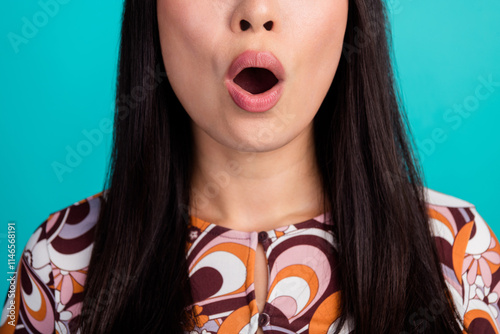 Close up cropped photo of young woman cant believe isolated on teal color background