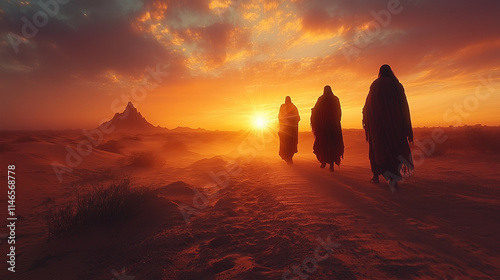 A minimalist desert scene with the three wise men following the star, illuminated by soft light.