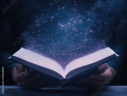 An open book emits a magical glow of stars and particles, illustrating the enchanting power of stories and imagination.