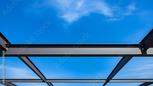 A modern architectural design revealing a clear blue sky through a glass structure.