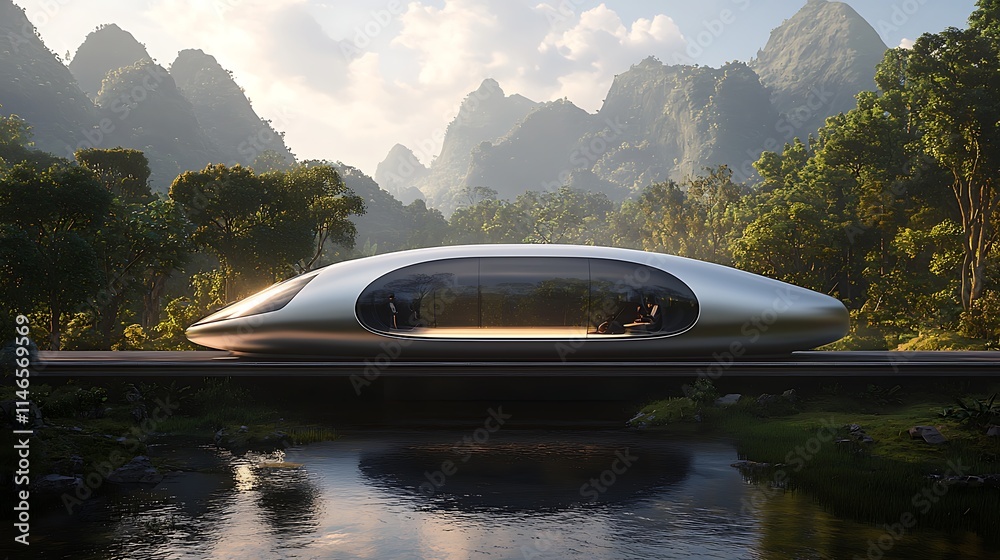 Futuristic Train in Mountain Valley Landscape Futuristic Train in Mountain Valley Landscape