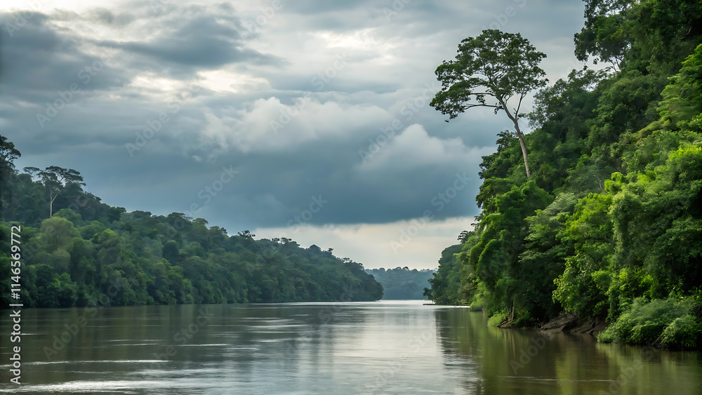 Explore the untouched beauty of the River, a tranquil waterway surrounded by lush green forests and dramatic skies, epitomizing the essence of Borneo's wilderness. Explore the untouched beauty of the River, a tranquil waterway surrounded by lush green forests and dramatic skies, epitomizing the essence of Borneo's wilderness.