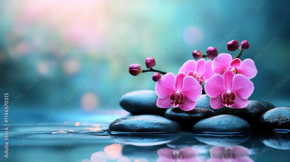 serene pink orchid on smooth stones in tranquil water serene pink orchid on smooth stones in tranquil water
