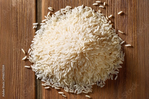 A rustic close-up of raw white rice grains arranged on a wooden surface, with soft natural lighting, ideal for food-related content and healthy living themes.