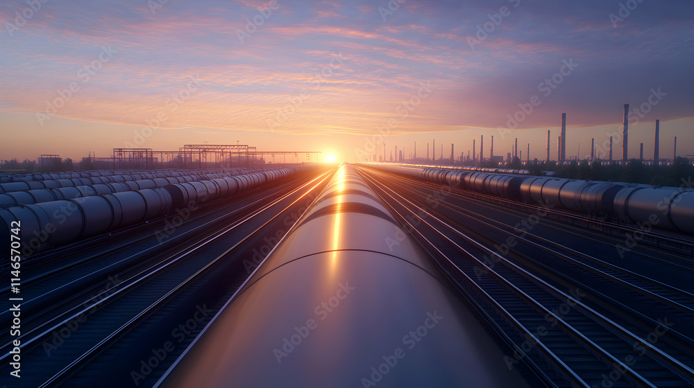 A stunning sunset view over train tracks, highlighting industrial beauty and tranquility. A stunning sunset view over train tracks, highlighting industrial beauty and tranquility.