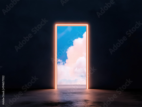 Glowing doorway to a dreamy sky with pink clouds and a star