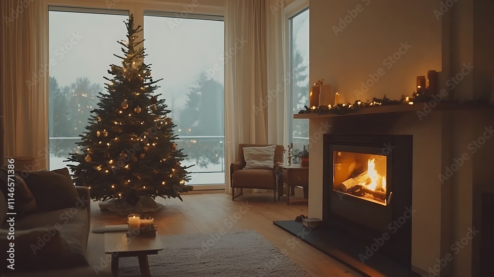Festive cozy living room decorated Christmas tree glowing fireplace clean minimal setting Festive cozy living room decorated Christmas tree glowing fireplace clean minimal setting