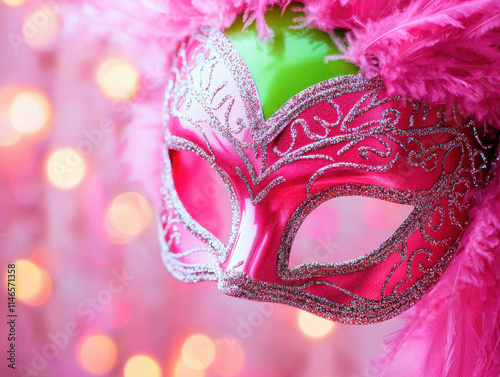 Vibrant pink carnival mask with feathers and glitter details photo