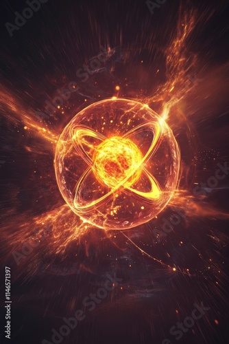 Fiery sphere, glowing rings, energy bursts, dark background.