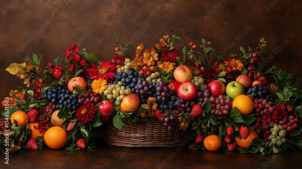 Autumn Abundance: A bountiful harvest still life featuring a rustic basket overflowing with vibrant fruits and autumnal flowers. Rich, warm tones evoke feelings of warmth and abundance. Autumn Abundance: A bountiful harvest still life featuring a rustic basket overflowing with vibrant fruits and autumnal flowers. Rich, warm tones evoke feelings of warmth and abundance.