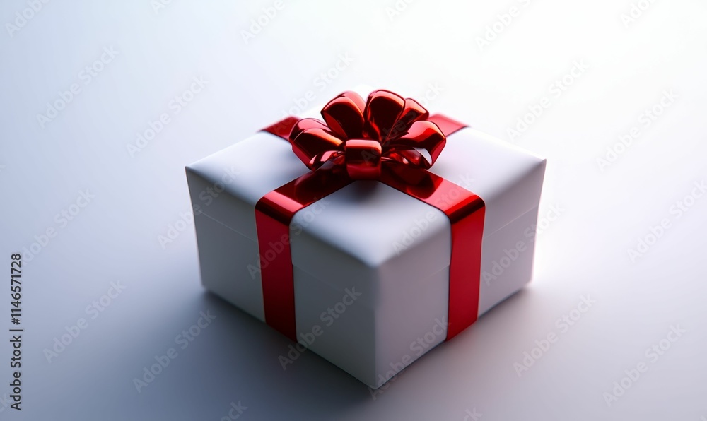 Fototapeta premium White gift box, red ribbon, festive bow.