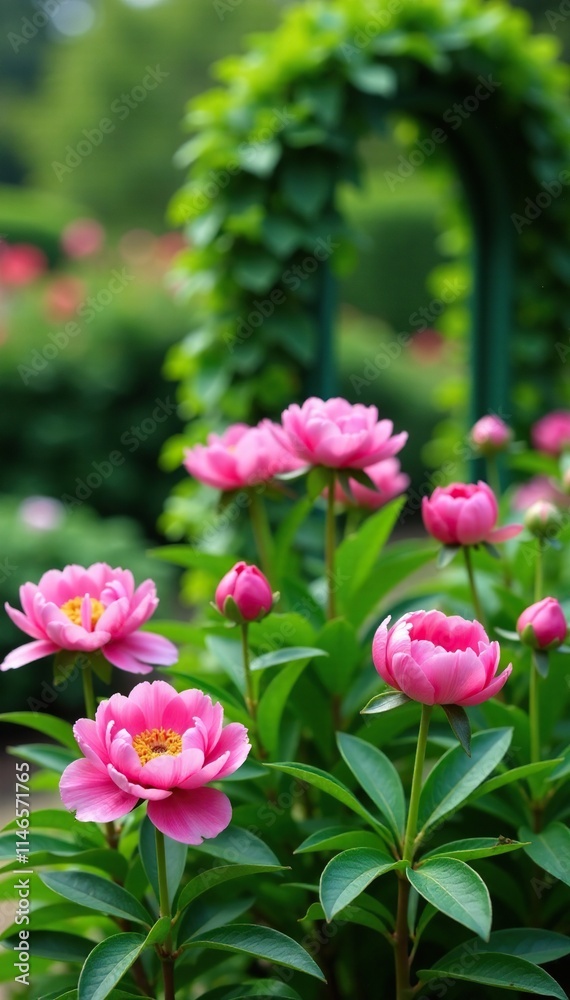 Pink peony flowers blooming in a garden with a green trellis and arch, plants, botanical, foliage Pink peony flowers blooming in a garden with a green trellis and arch, plants, botanical, foliage