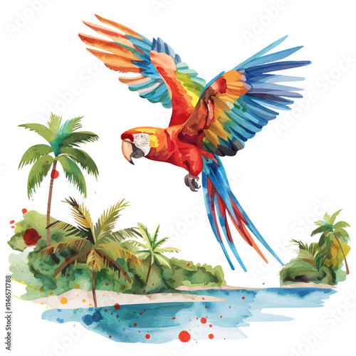 A watercolor of a tropical parrot flying over a lagoon, isolated on a white background. Tropical parrot lagoon vector.
