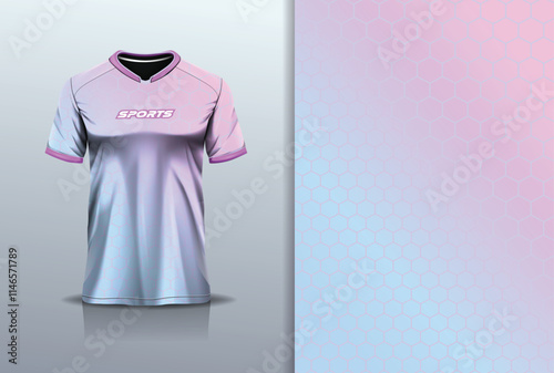 T-shirt mockup abstract hexagon sport jersey design for football, soccer, racing, esports, running, in pink green gradient pastel color