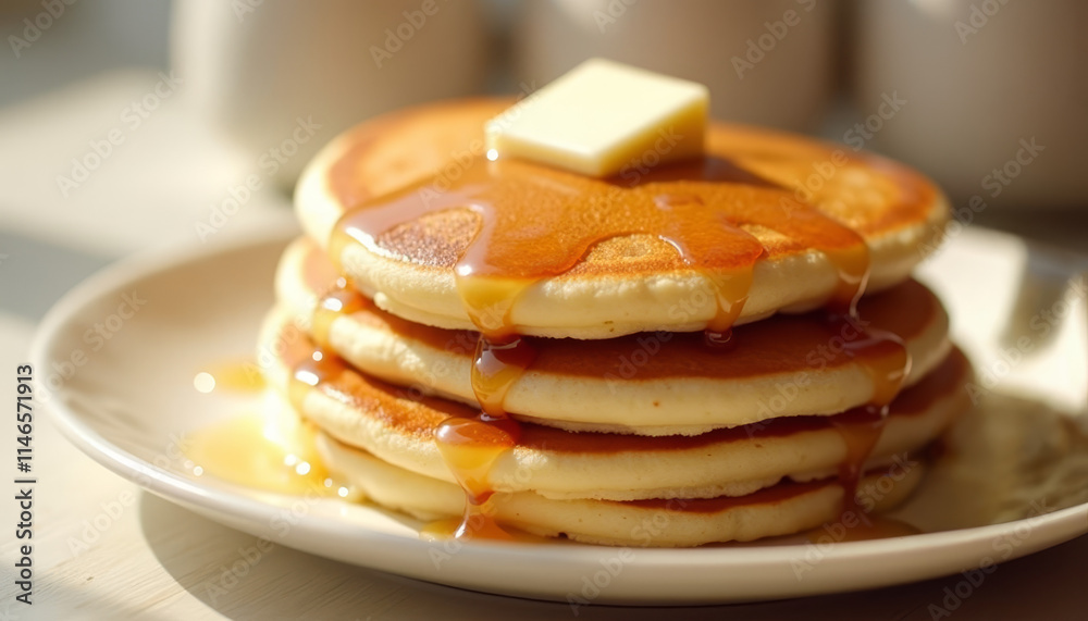 Delicious golden pancakes with syrup and butter on a plate in bright sunlight Delicious golden pancakes with syrup and butter on a plate in bright sunlight