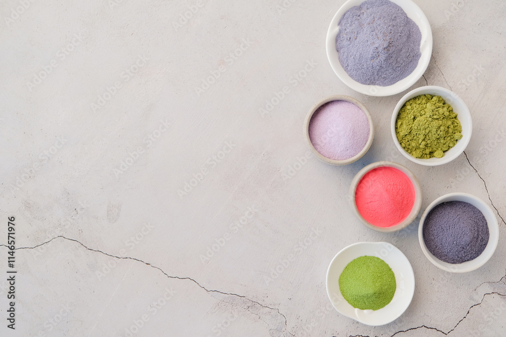 assortment of various powder matcha tea assortment of various powder matcha tea