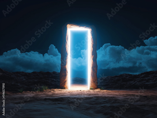 Glowing portal in a rocky landscape at night