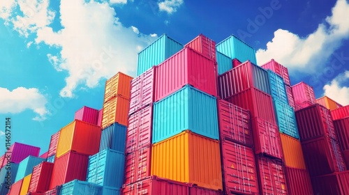 colorful stacked shipping containers against blue sky