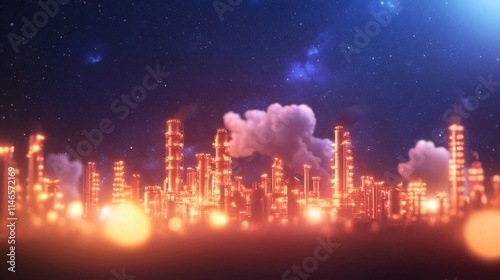 A futuristic city skyline with glowing structures under a starry sky, showcasing industrial elements and a vibrant atmosphere.