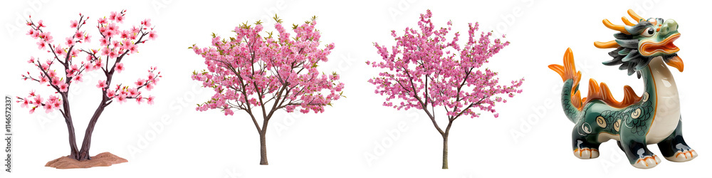 custom made wallpaper toronto digitalChinese New Year clipart concept. Four decorative pink trees with a colorful dragon statue against a black background. on Transparent background.