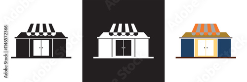 Market shop icon.  Street food concept label. Contour logo commercial market place. Vector illustration. isolated on white and black background. EPS 10