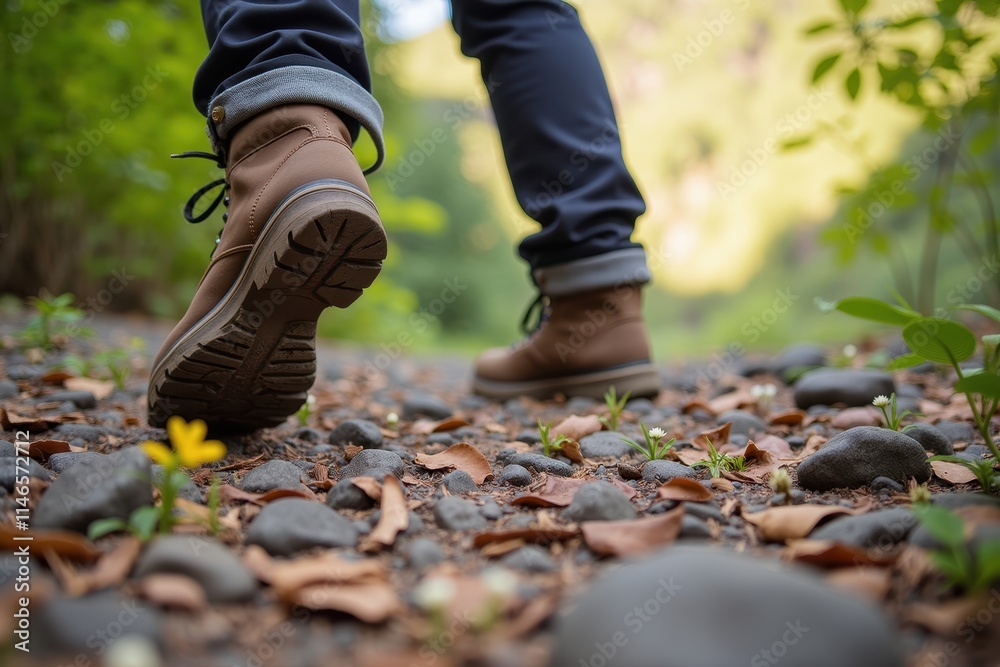 Hiking Path with Durable Shoes on Rocky Ground Surrounded by Nature and Greenery, Capturing the Serene Beauty of Outdoor Adventures and Exploration Hiking Path with Durable Shoes on Rocky Ground Surrounded by Nature and Greenery, Capturing the Serene Beauty of Outdoor Adventures and Exploration