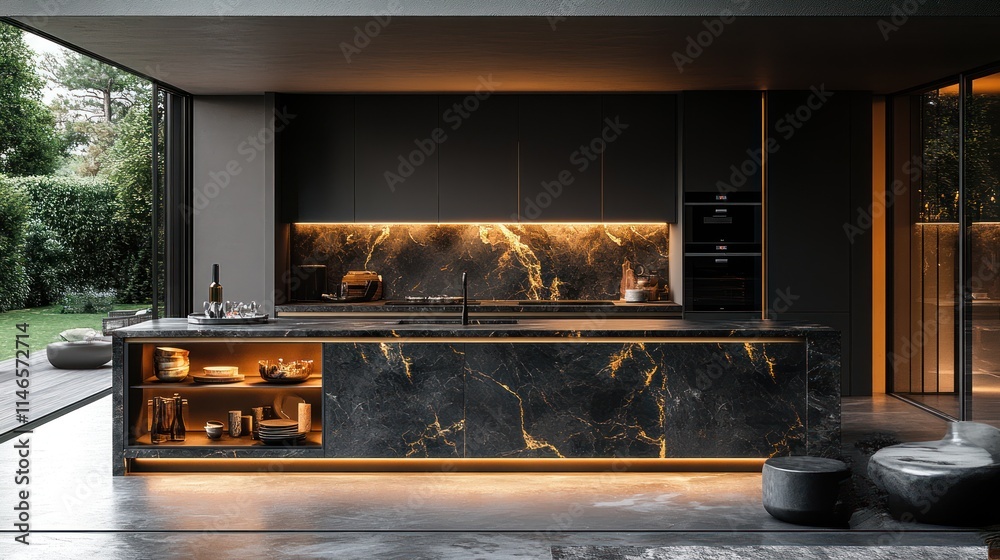 Modern kitchen with black marble island, gold accents, and outdoor view. Modern kitchen with black marble island, gold accents, and outdoor view.