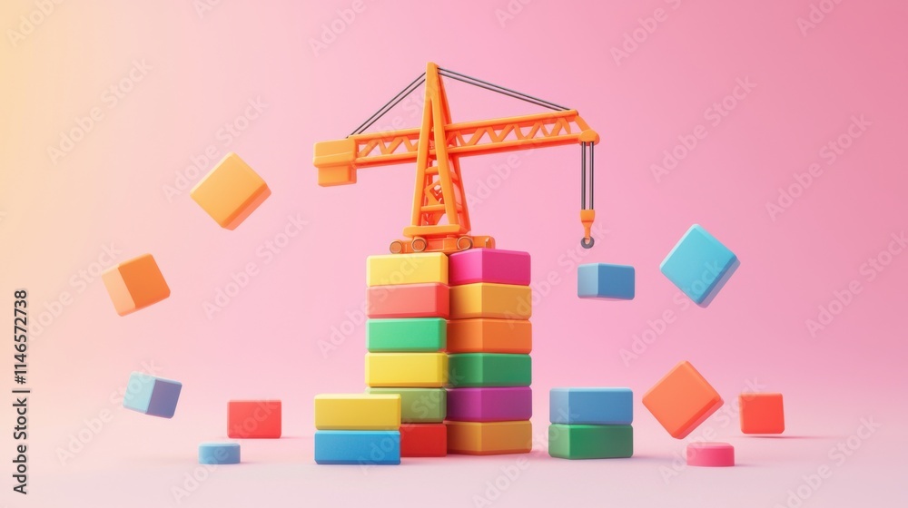Fototapeta premium A colorful construction scene featuring a toy crane stacked with vibrant blocks against a soft pink background.