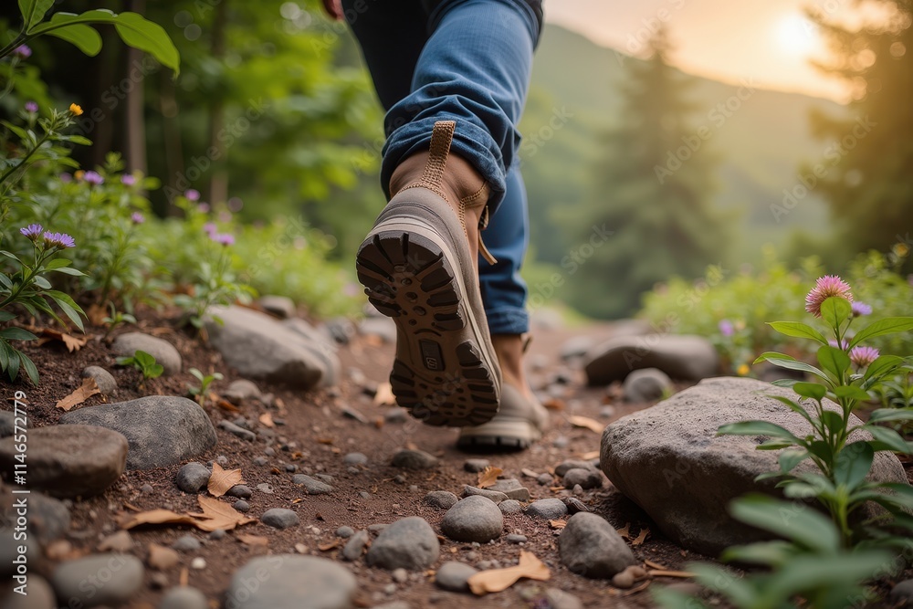 A Person Hiking on a Scenic Path Surrounded by Nature Wearing Comfortable Hiking Shoes at Sunset with Beautiful Vegetation and a Peaceful Atmosphere A Person Hiking on a Scenic Path Surrounded by Nature Wearing Comfortable Hiking Shoes at Sunset with Beautiful Vegetation and a Peaceful Atmosphere
