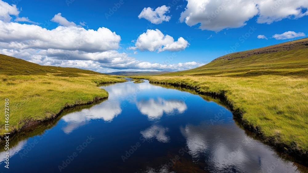 Serene River Reflecting Clouds in Lush Green Valley Landscape Serene River Reflecting Clouds in Lush Green Valley Landscape