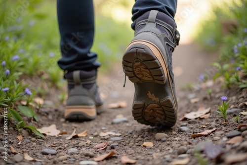 Sturdy Hiking Shoes on a Dusty Trail Surrounded by Vibrant Greenery and Wildflowers, Perfect for Outdoor Adventures and Nature Exploration