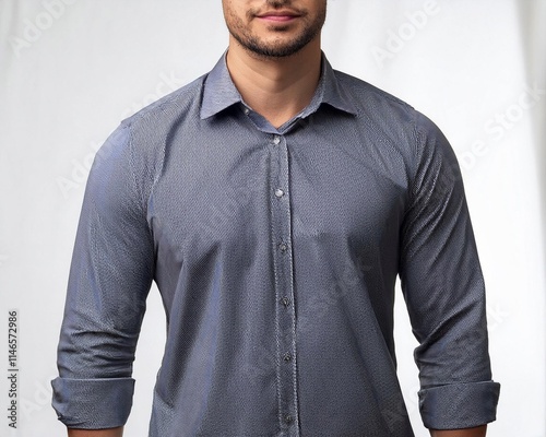 A cropped image focusing on a navy blue button-up shirt worn by a man, showcasing professionalism and elegance with a subtle facial expression, perfect for business or fashion themes.