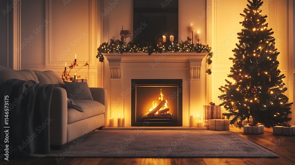 Modern cozy holiday living room festive glowing fireplace and tree clean isolated design Modern cozy holiday living room festive glowing fireplace and tree clean isolated design