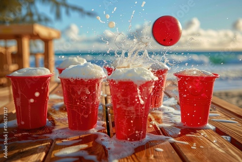 Beer pong on the beach. A ping pong ball flies into a plastic disposable cup with foamy beer