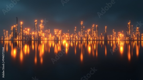 A vibrant city skyline illuminated by golden lights reflects in the dark water, creating a mesmerizing contrast against a moody sky.